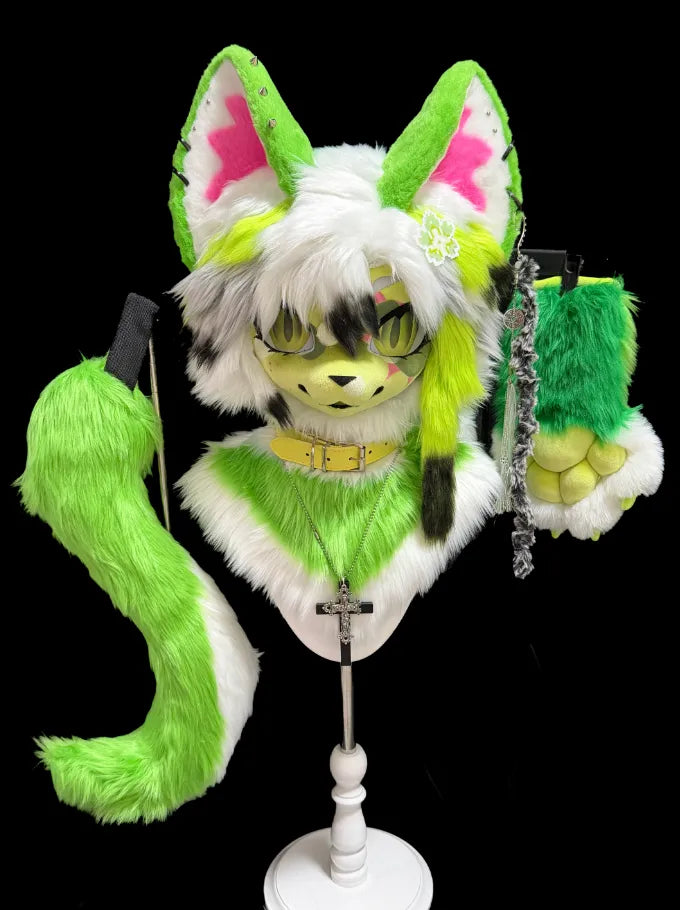Neon Green Clover Fox Partial Kigurumi Fursuit – Fox Fursuit Head
