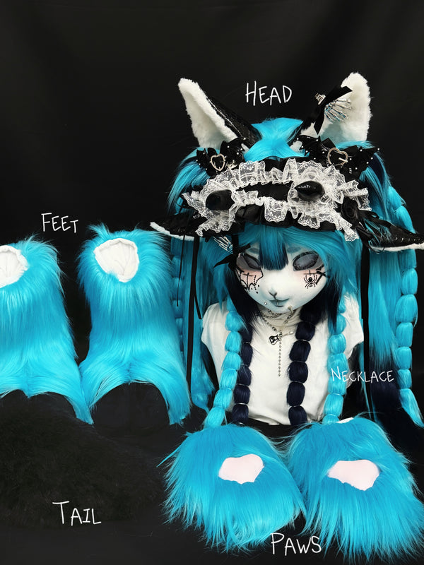 Sky Blue Rockstar Full Fursuit (full set of head, claws, feet and tail/ears are made of crocodile leather)