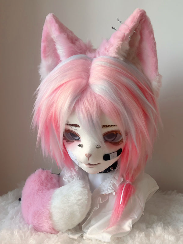 Pink fox boy fursuit (head + claws + tail)