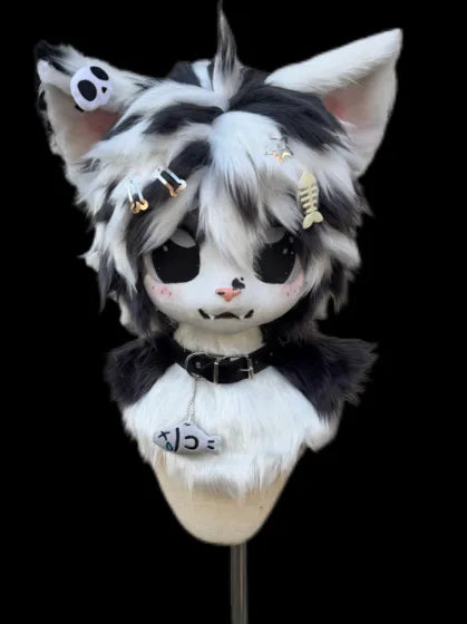 Black White Skull Playful Gothic Cat Mini Partial Fursuit