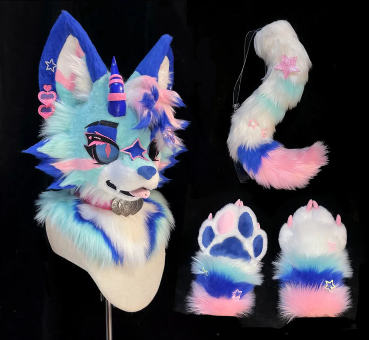 Star Candy Unicorn Fox Toony Full Partial Fursuit (Blue-Pink-Turquoise ...