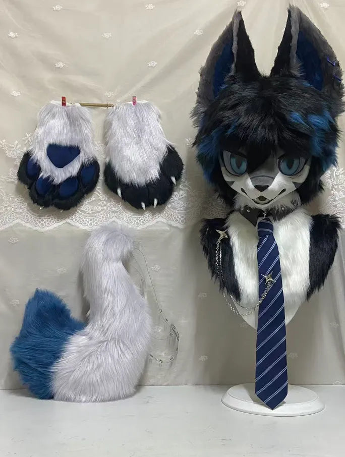 Gentleman Blue Fantasy Fox Toony Partial Fursuit (Black-White-Blue ...