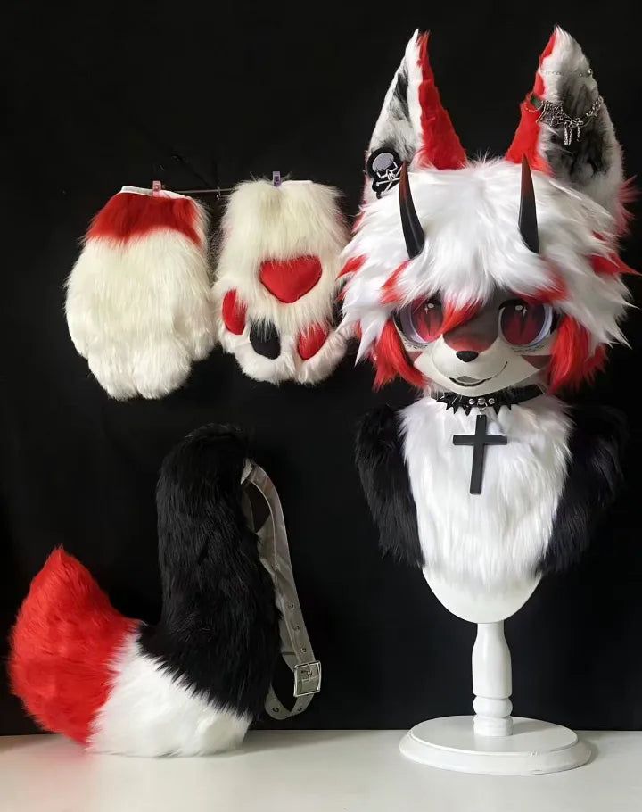 Goth Red White Horned Fox Toony Full Fursuit Partial (Head + Paws ...