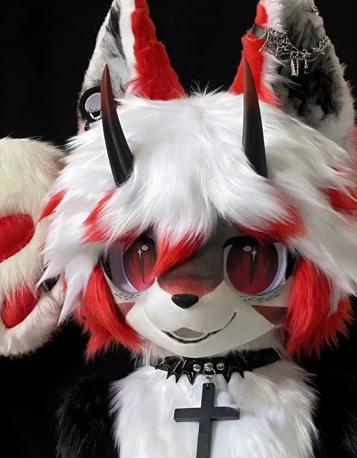 Goth Red White Horned Fox Toony Full Fursuit Partial (Head + Paws ...
