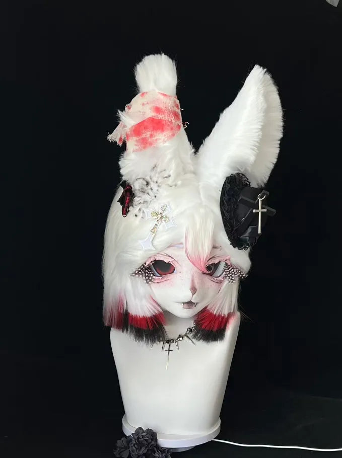 Edgy Red & White Rabbit Kig Set (Head + Hand Paws) – DokiDoki FurryStudio