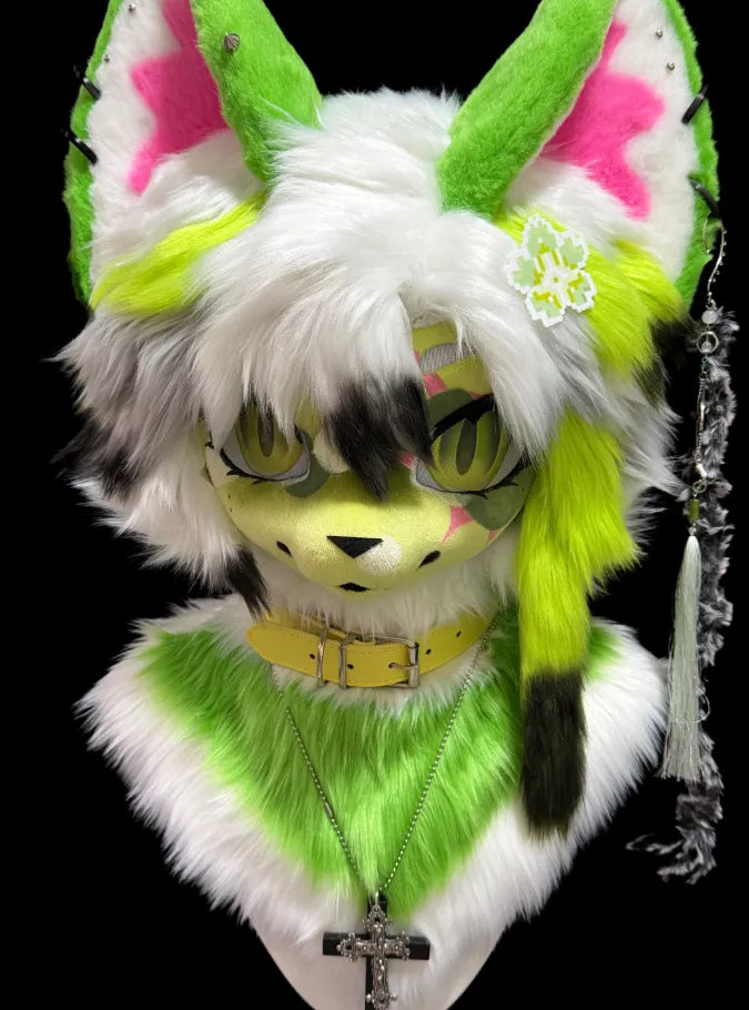 Neon Green Clover Fox Partial Kigurumi Fursuit – Fox Fursuit Head