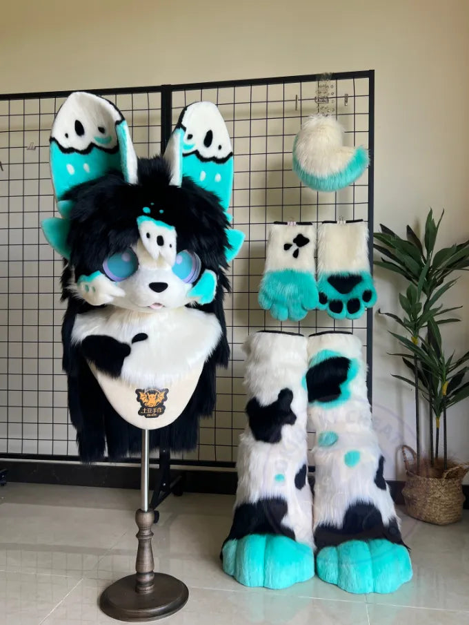 Black White Teal Ghost Dog Full Kemono Fursuit – Dog Fursuit Head, Paws ...