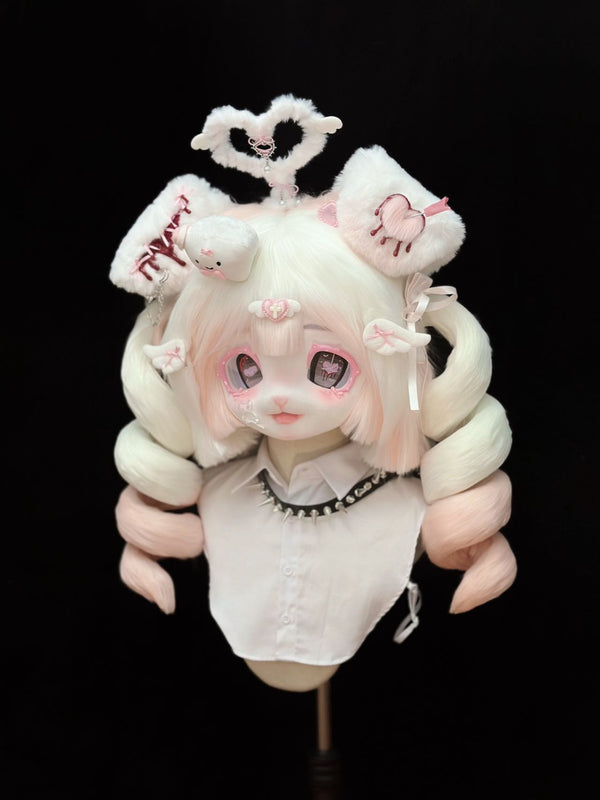 White and Pink Y2K Angel Puppy Fursuit with Curly pony Tails and Magnetic Detachable Heart Halo